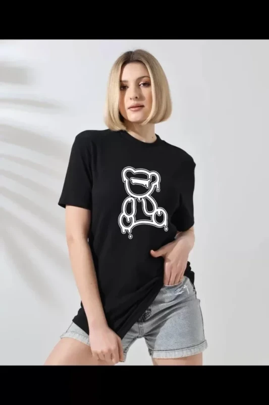 Unisex Bisiklet Yaka Baskılı T-Shirt - Siyah - 1