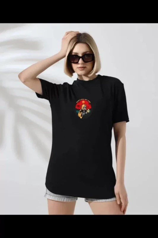 Unisex Bisiklet Yaka Baskılı T-Shirt - Siyah - 1