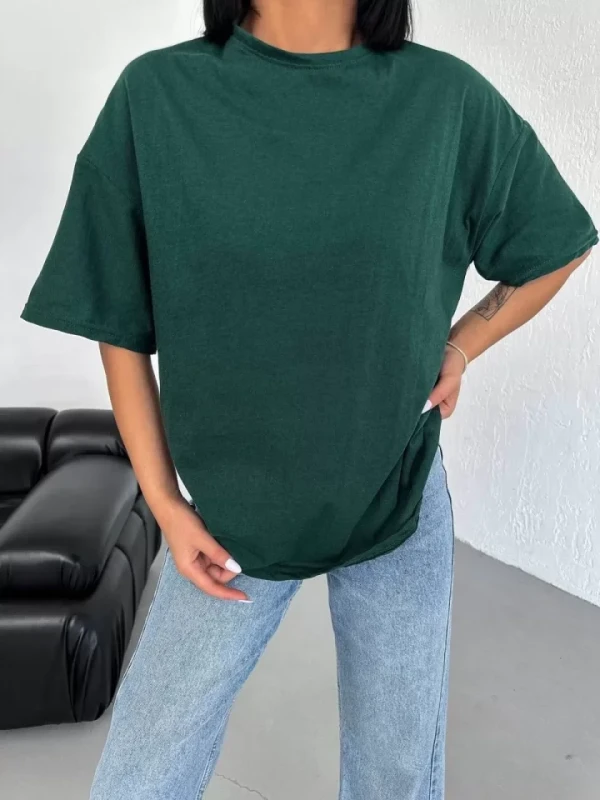 Unisex Düz Biskilet Yaka Oversize T-shirt - Haki - 1