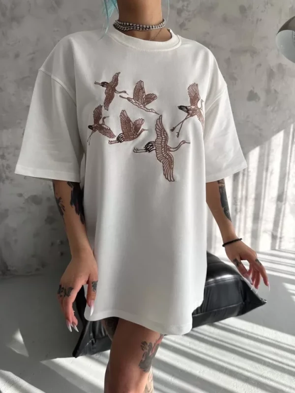 Unisex Nakış İşlemeli T-Shirt - Beyaz - 1