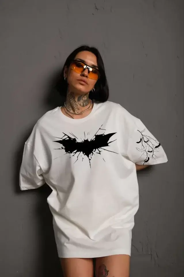 Unisex Ön Ve Kol Baskılı Oversize T-shirt - Beyaz - 1