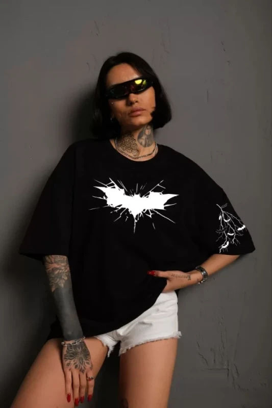 Unisex Ön Ve Kol Baskılı Oversize T-shirt - Siyah - 1