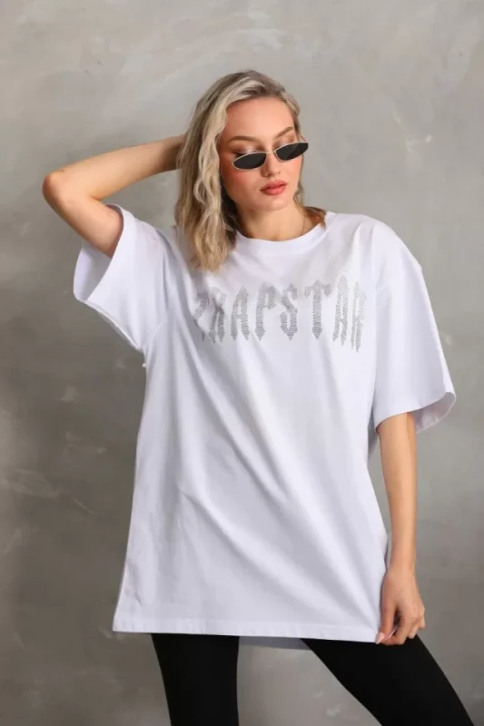 Unisex Taş Desenli Oversize T-Shirt - Beyaz - 4