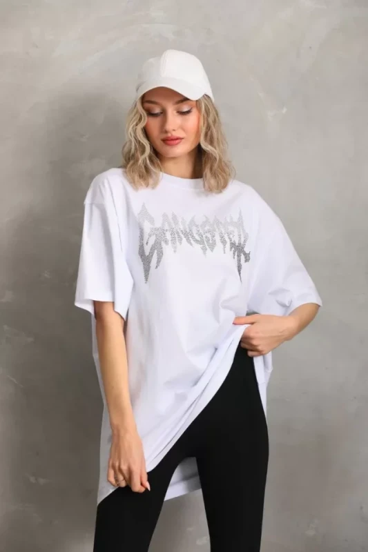 Unisex Taş Desenli Oversize T-Shirt - Beyaz - 1