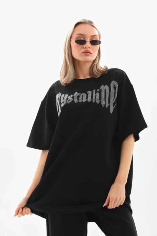 Unisex Taş Desenli Oversize T-Shirt - Beyaz - 1