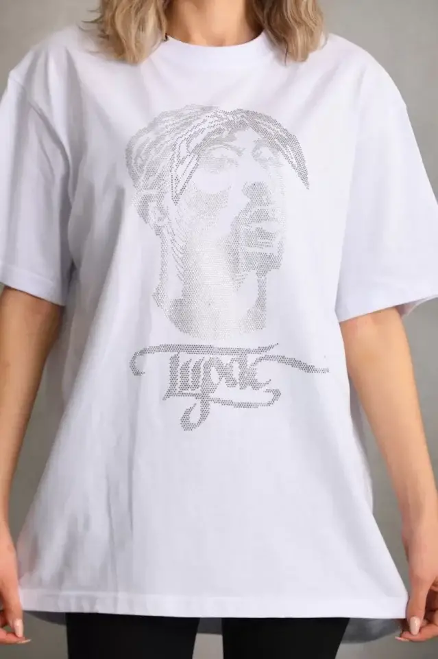 Unisex Taş Desenli Oversize T-Shirt - Beyaz - 3