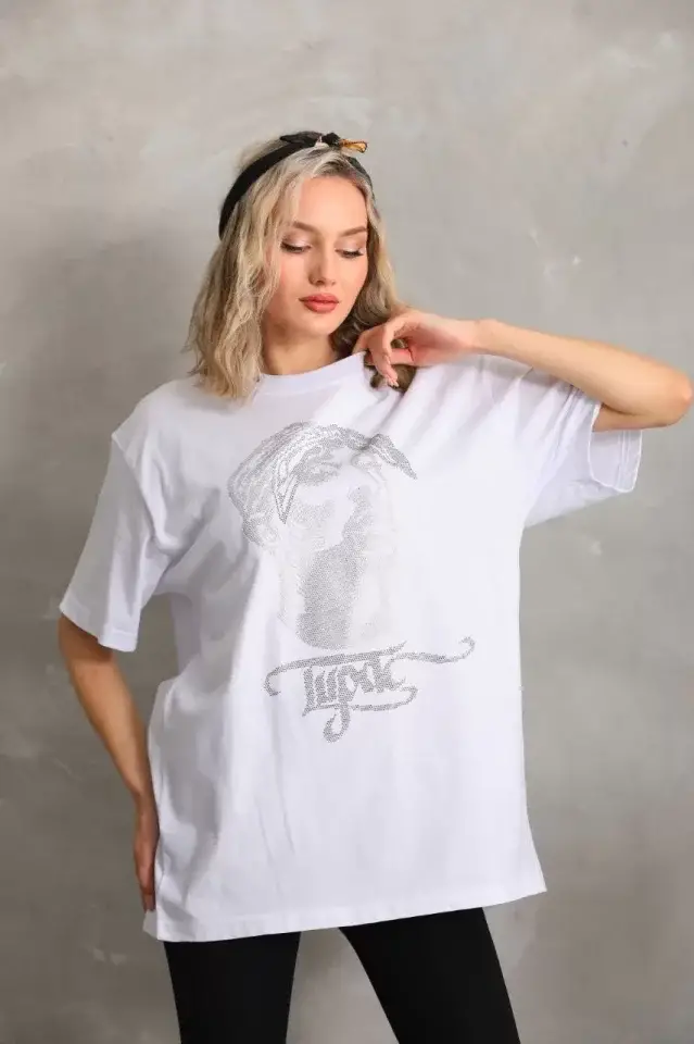 Unisex Taş Desenli Oversize T-Shirt - Beyaz - 4