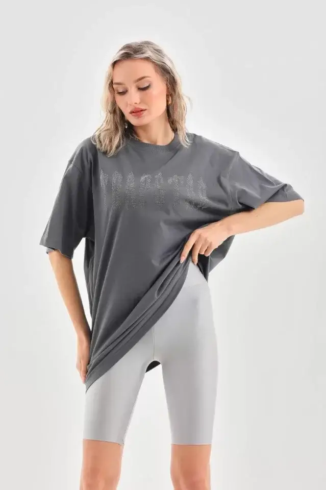 Unisex Taş Desenli Oversize T-Shirt - Füme - 1