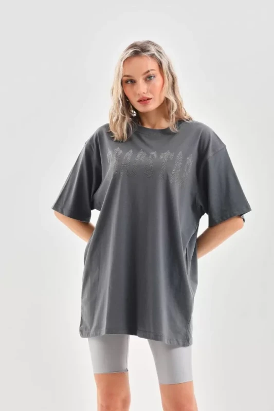 Unisex Taş Desenli Oversize T-Shirt - Füme - 4