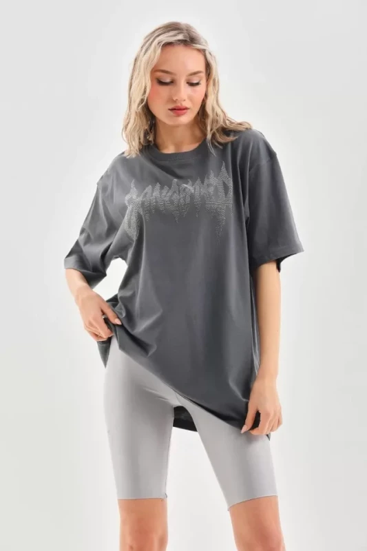 Unisex Taş Desenli Oversize T-Shirt - Füme - 1