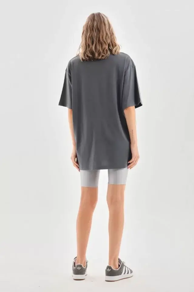 Unisex Taş Desenli Oversize T-Shirt - Füme - 2