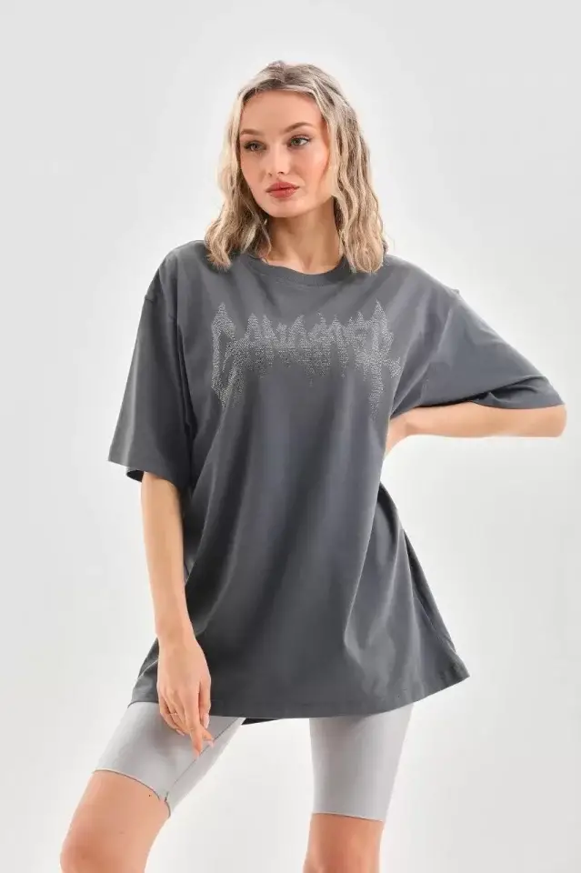 Unisex Taş Desenli Oversize T-Shirt - Füme - 4