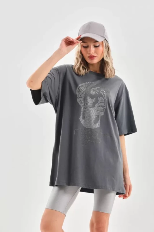 Unisex Taş Desenli Oversize T-Shirt - Füme - 4