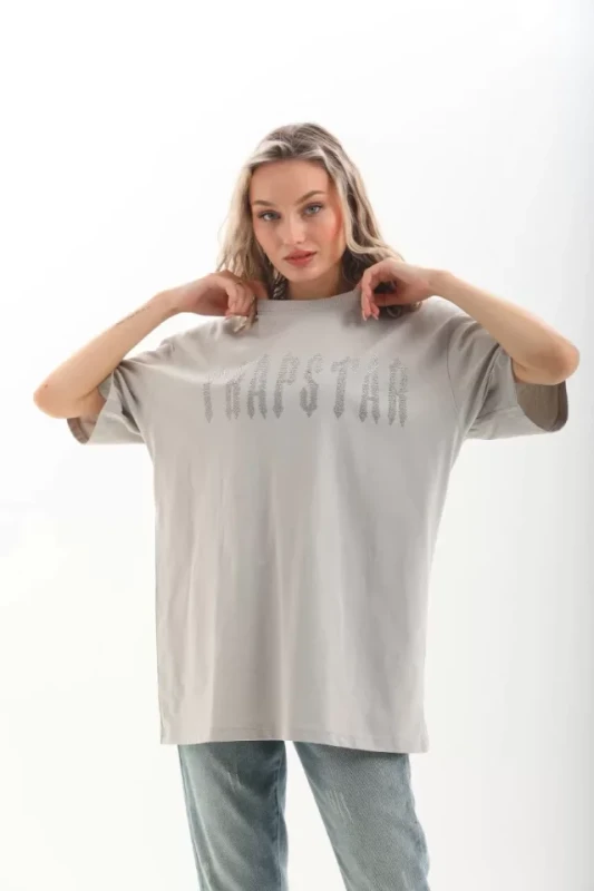 Unisex Taş Desenli Oversize T-Shirt - Gri - 3