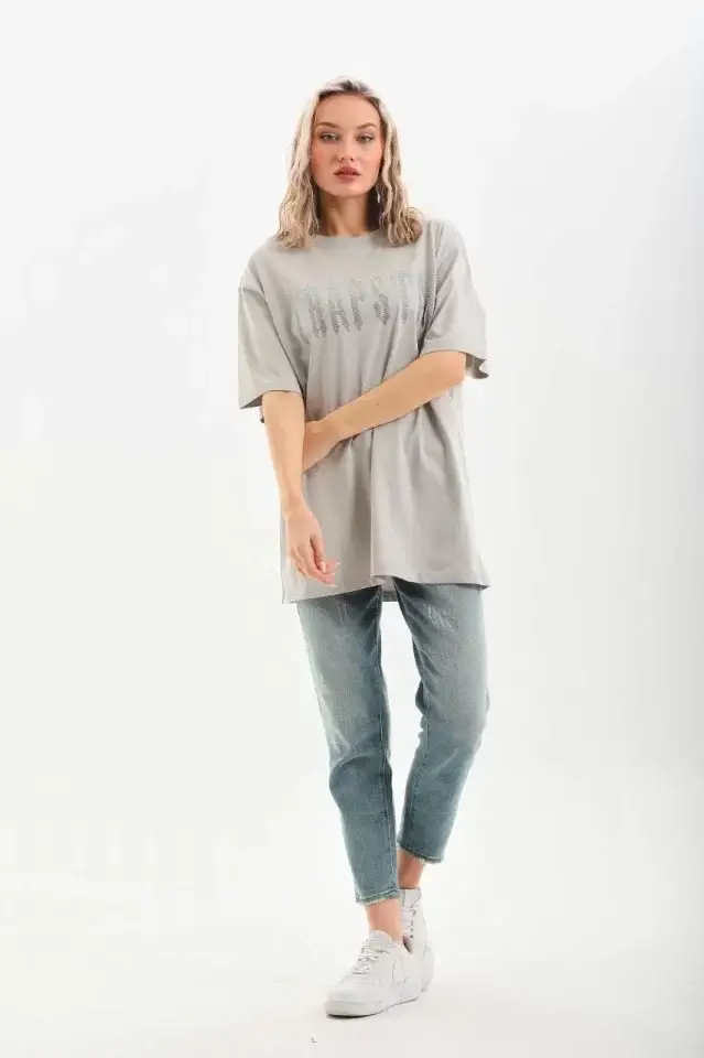 Unisex Taş Desenli Oversize T-Shirt - Gri - 4