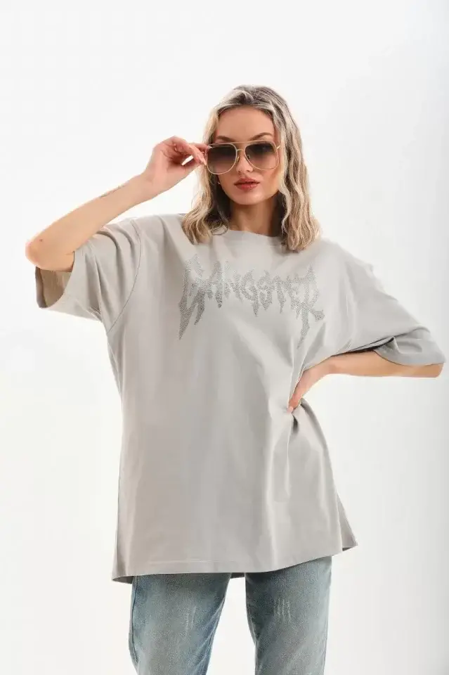 Unisex Taş Desenli Oversize T-Shirt - Gri - 1