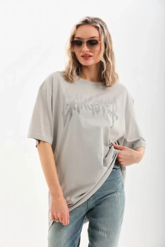 Unisex Taş Desenli Oversize T-Shirt - Gri - 2