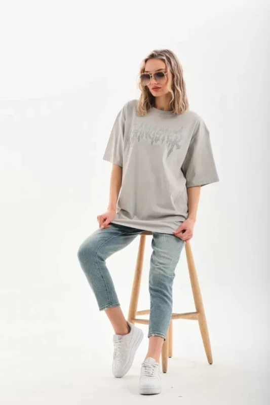 Unisex Taş Desenli Oversize T-Shirt - Gri - 3