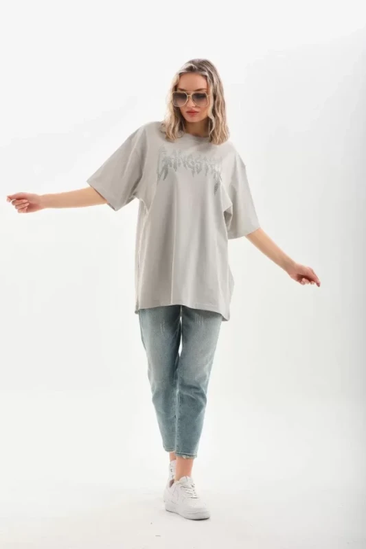 Unisex Taş Desenli Oversize T-Shirt - Gri - 4