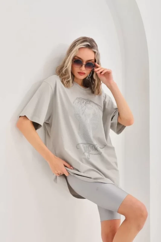 Unisex Taş Desenli Oversize T-Shirt - Gri - 1