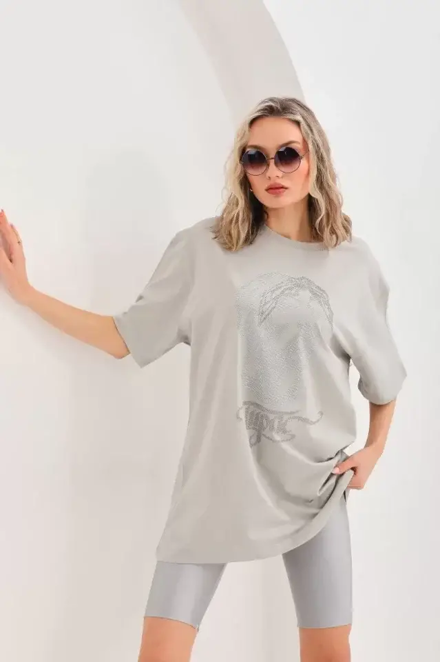 Unisex Taş Desenli Oversize T-Shirt - Gri - 4