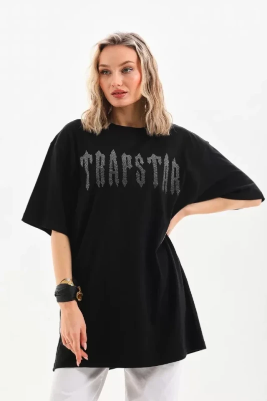 Unisex Taş Desenli Oversize T-Shirt - Siyah - 1