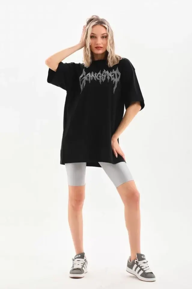 Unisex Taş Desenli Oversize T-Shirt - Siyah - 3