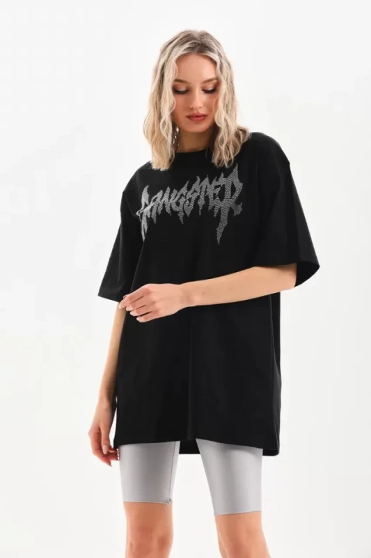 Unisex Taş Desenli Oversize T-Shirt - Siyah - 4