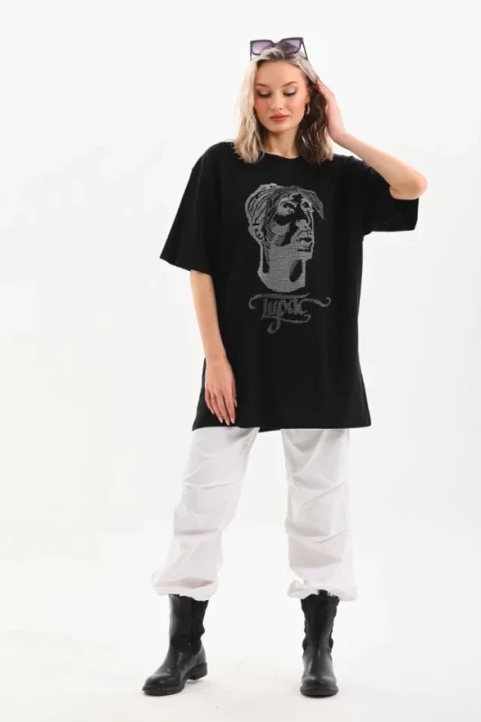 Unisex Taş Desenli Oversize T-Shirt - Siyah - 4