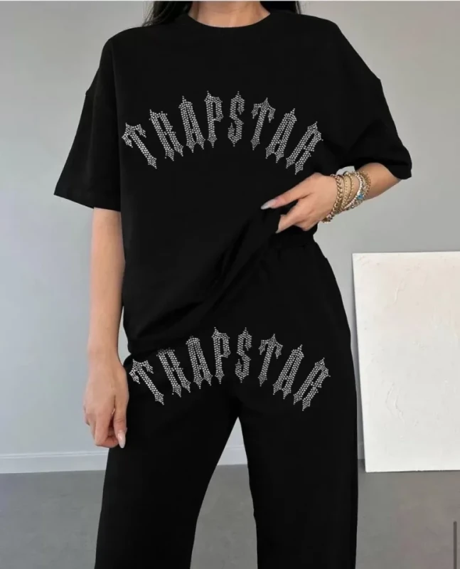 Unisex Taşlı T-Shirt Ve Eşofman Takımı - Siyah - 1